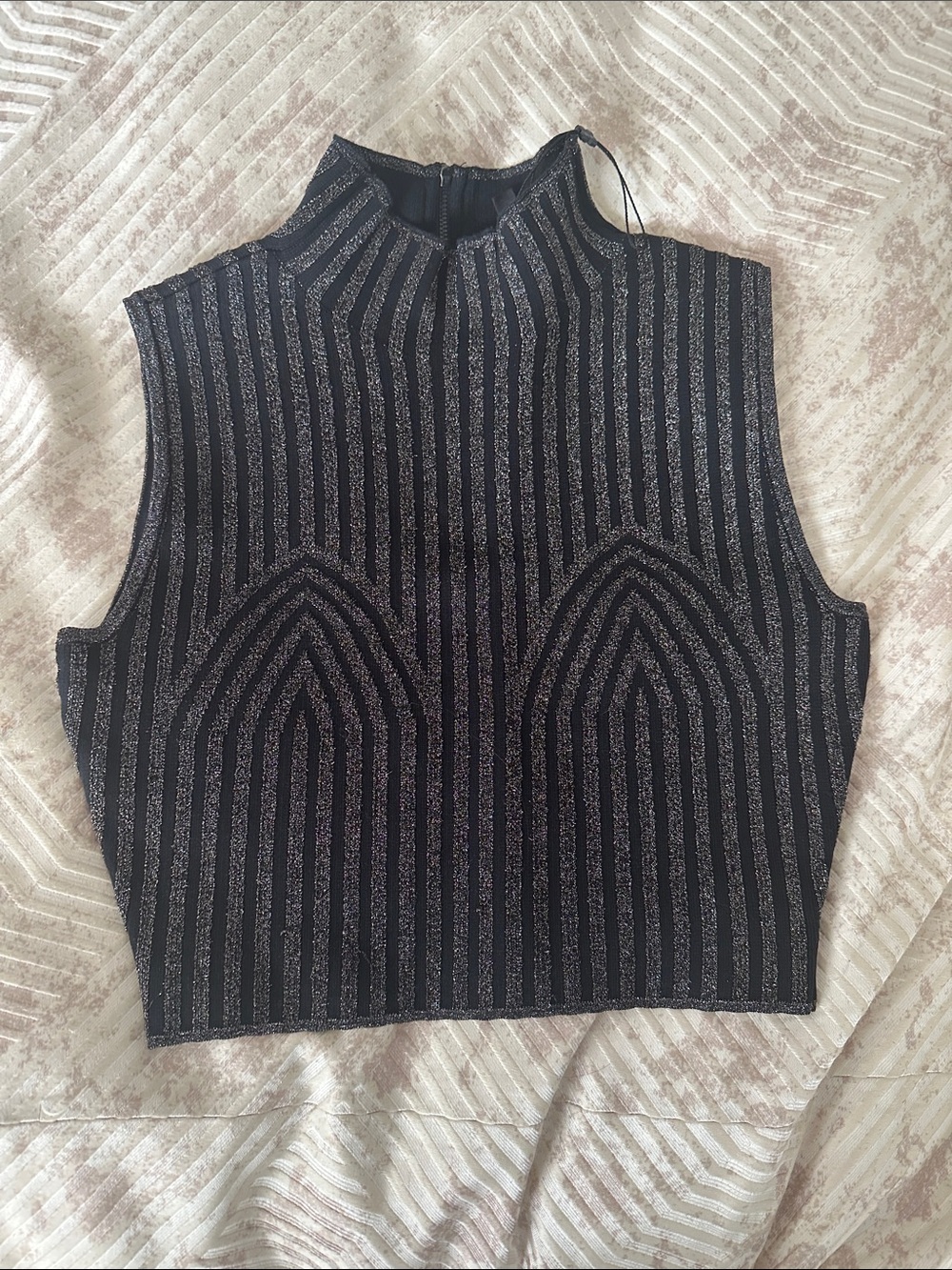 Sleeveless Metallic Black Stripe Mock Neck Crop Top